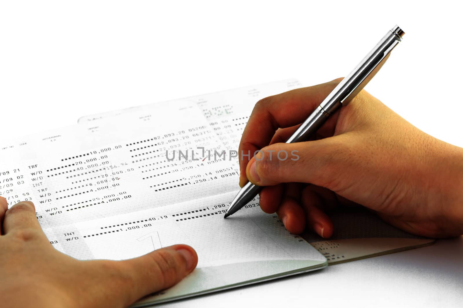 Account Passbook with Hand holding a pen by bunwit