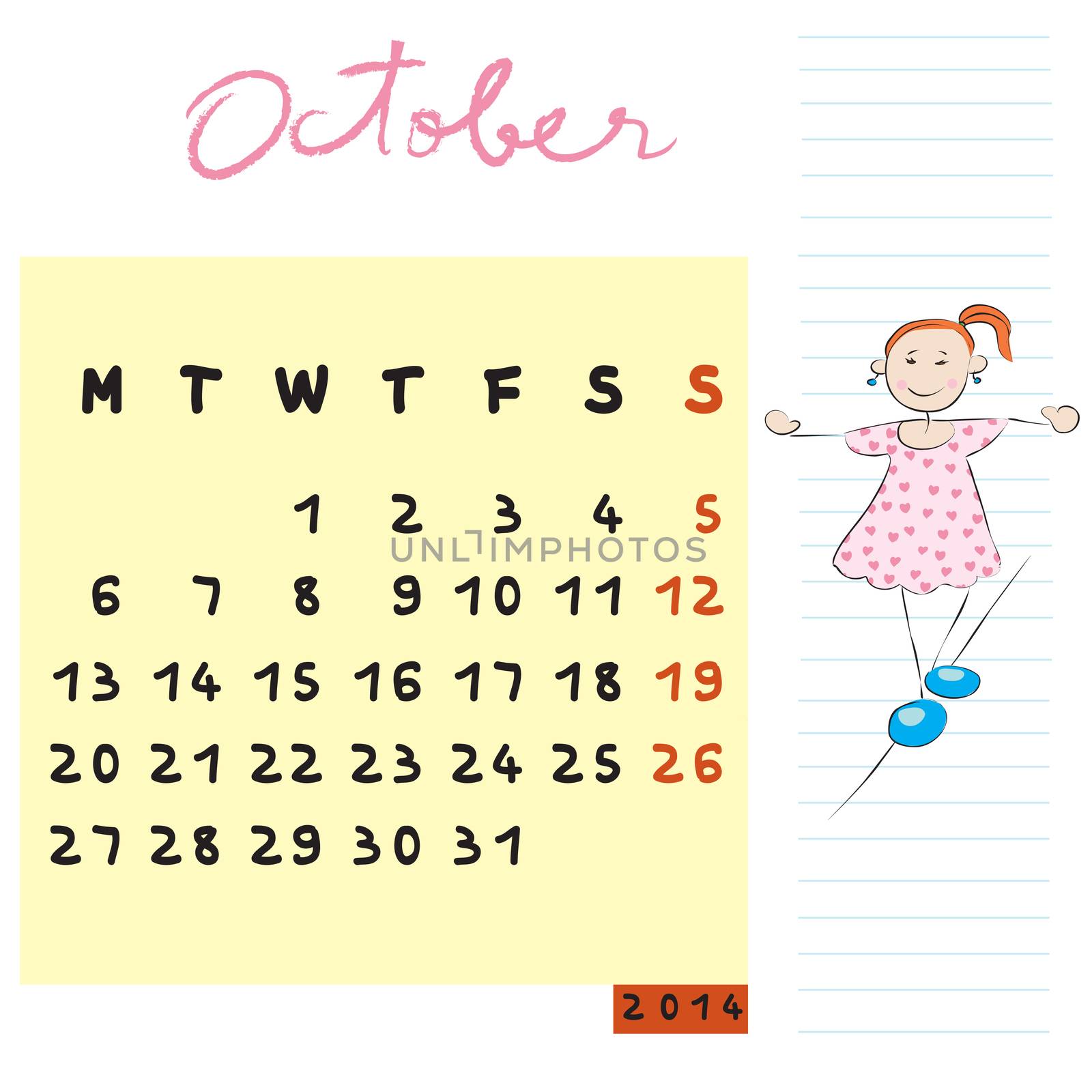 october 2014 calendar illustration, hand drawn design with kid, the balanced student profile for international schools
