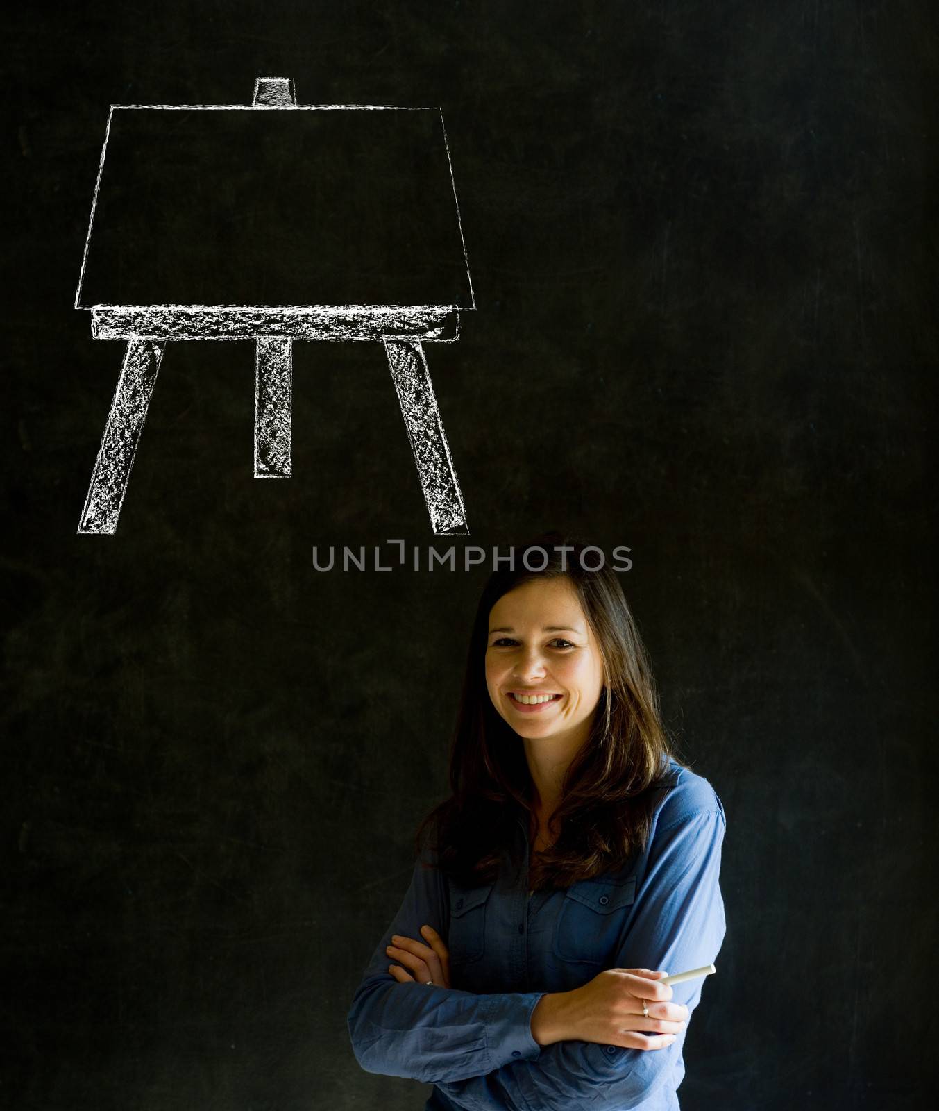 Learn art teacher woman with easel chalk blackboard background