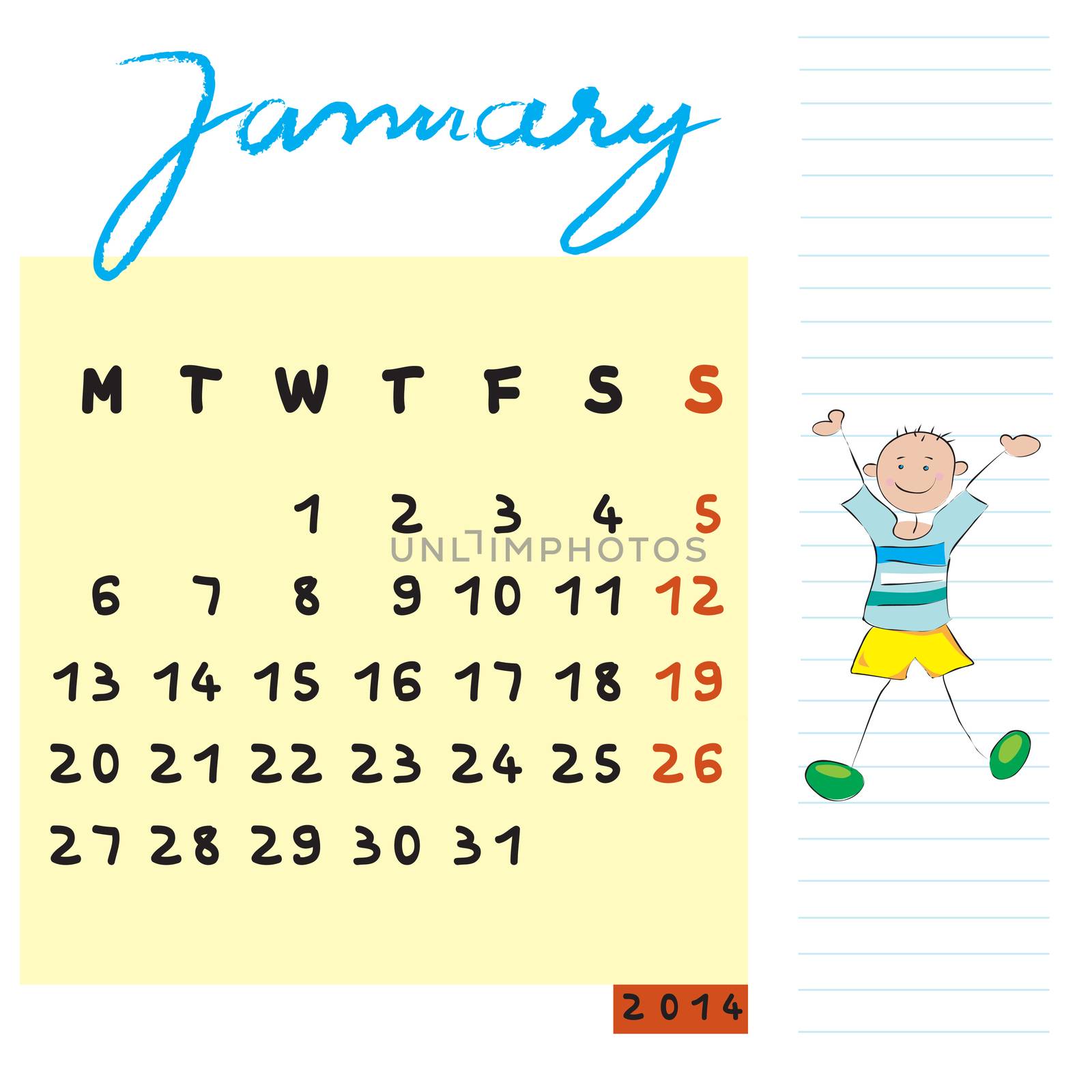 january 2014 calendar illustration, hand drawn design with the happy student profile for international schools