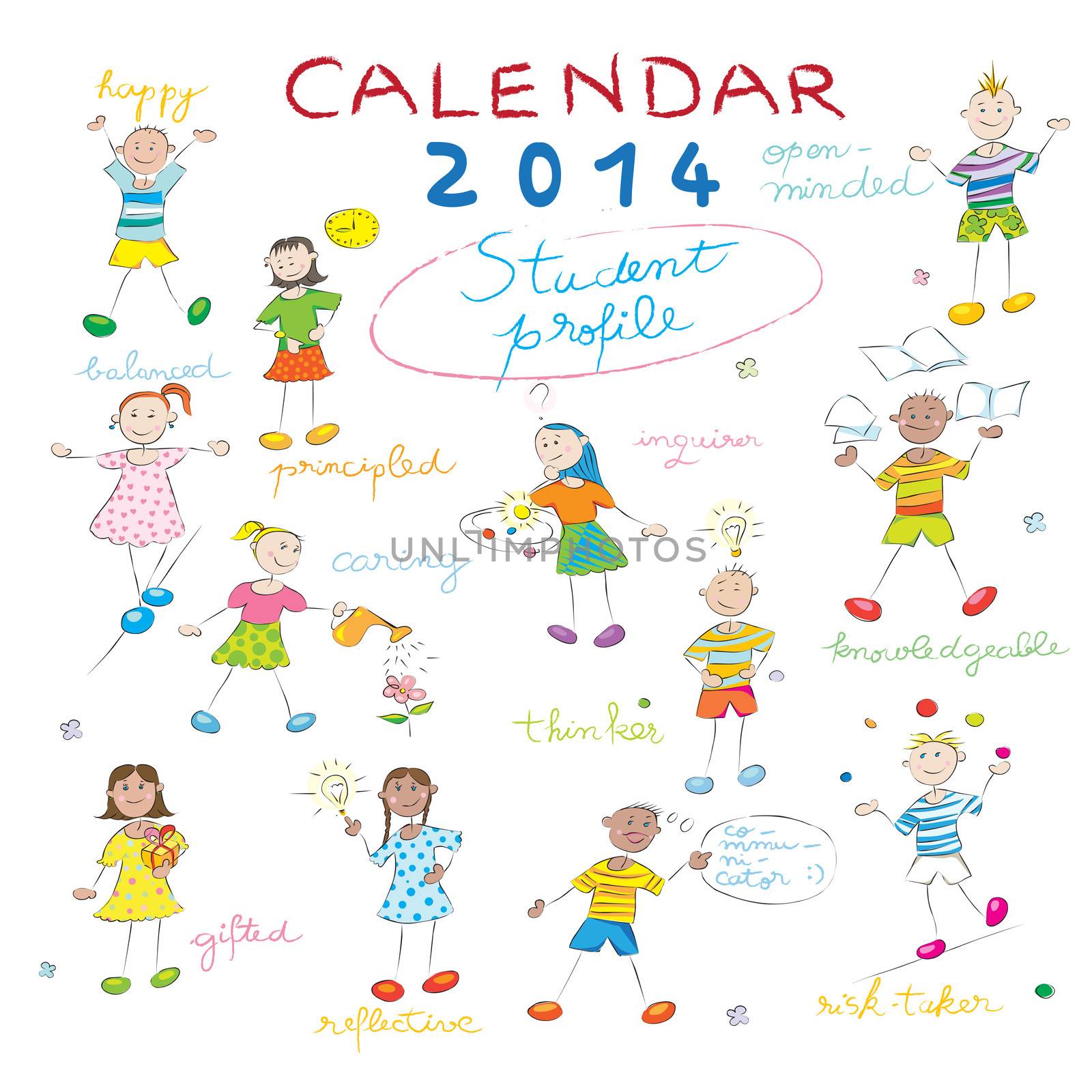 2014 calendar cover on a whiteboard with the student profile, cover design with kids illustration for schools