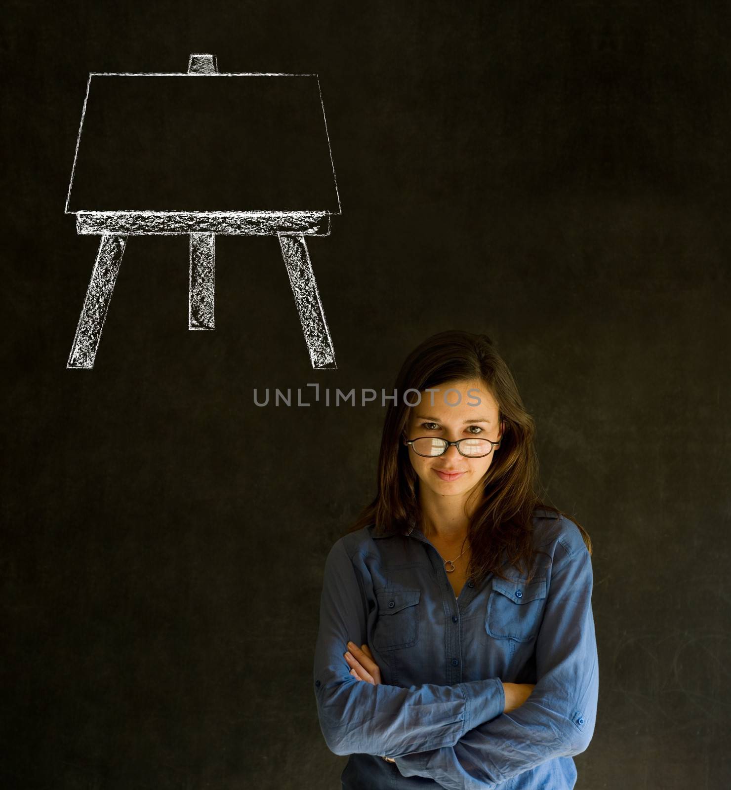 Learn art teacher woman with easel chalk blackboard background