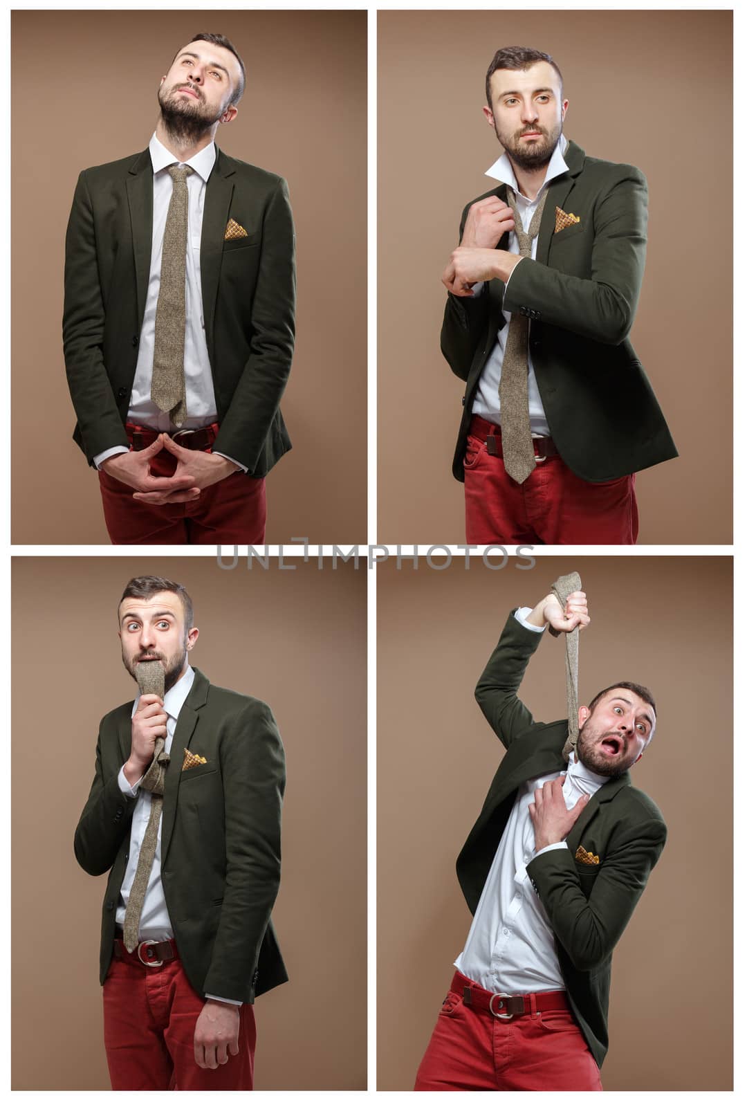 Collage of men different facial expressions on beige background