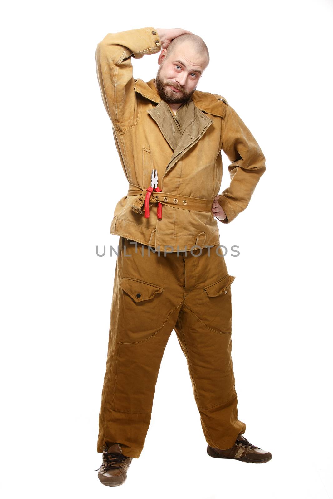 Bearded man with pliers. Isolate. White background.