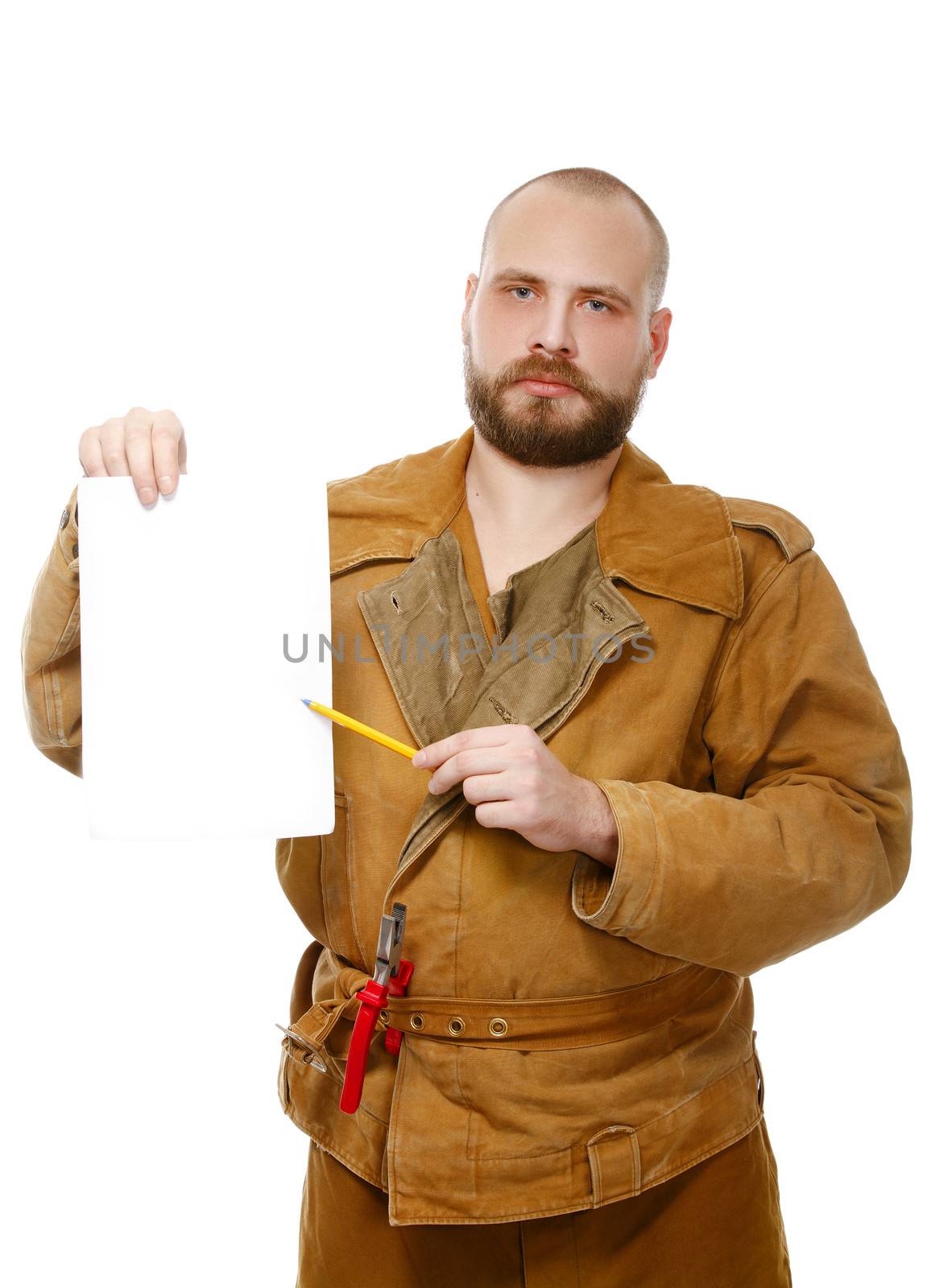 working man shows on a sheet. Isolate. White background.