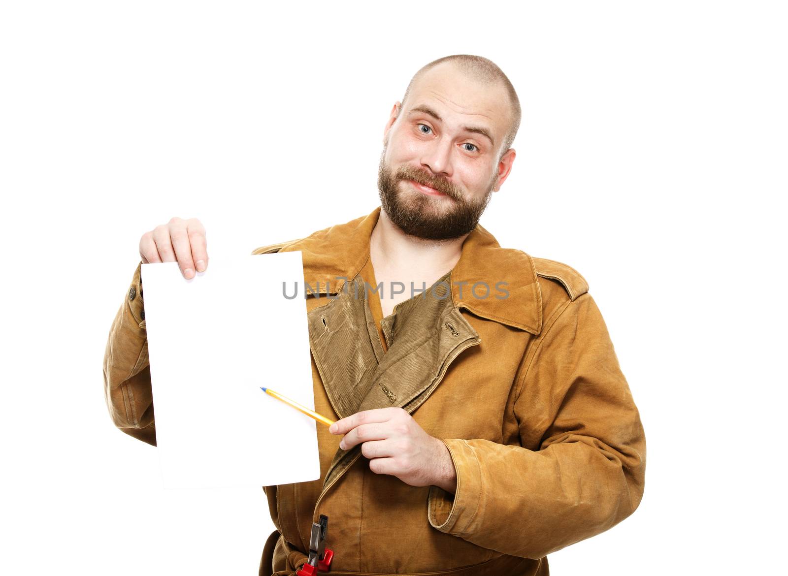 working man shows on a sheet. Isolate. White background.