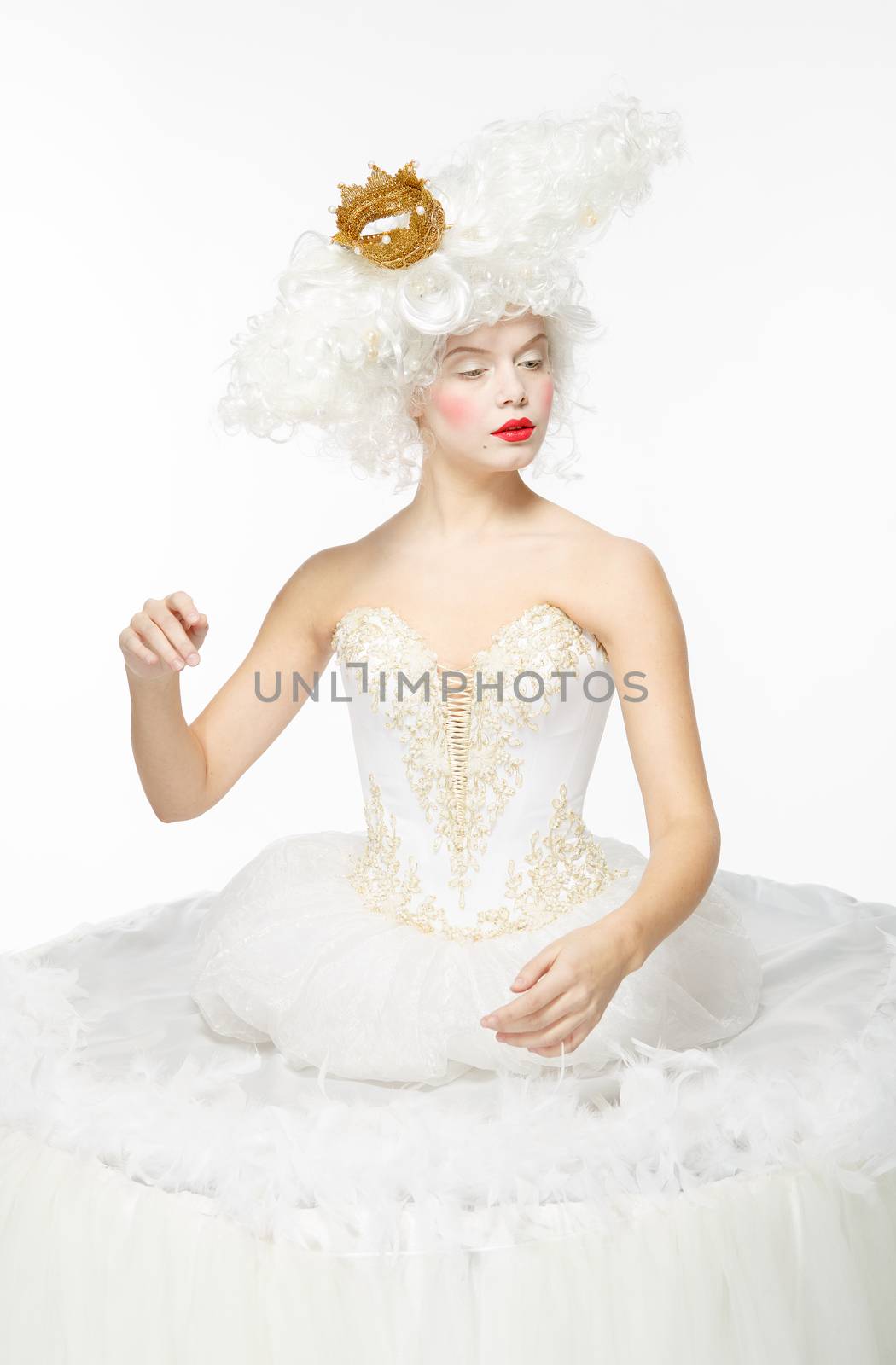 Princess with a golden crown in a white dress. Nobility.