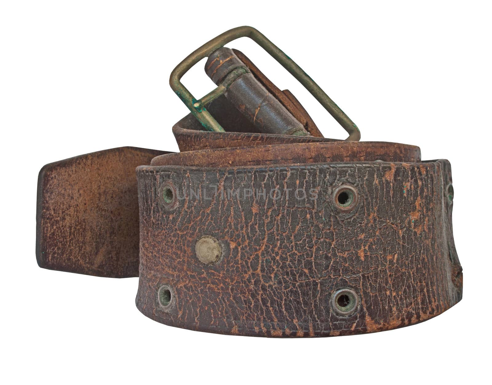 vintage leather belt with brass buckle over white, clipping path