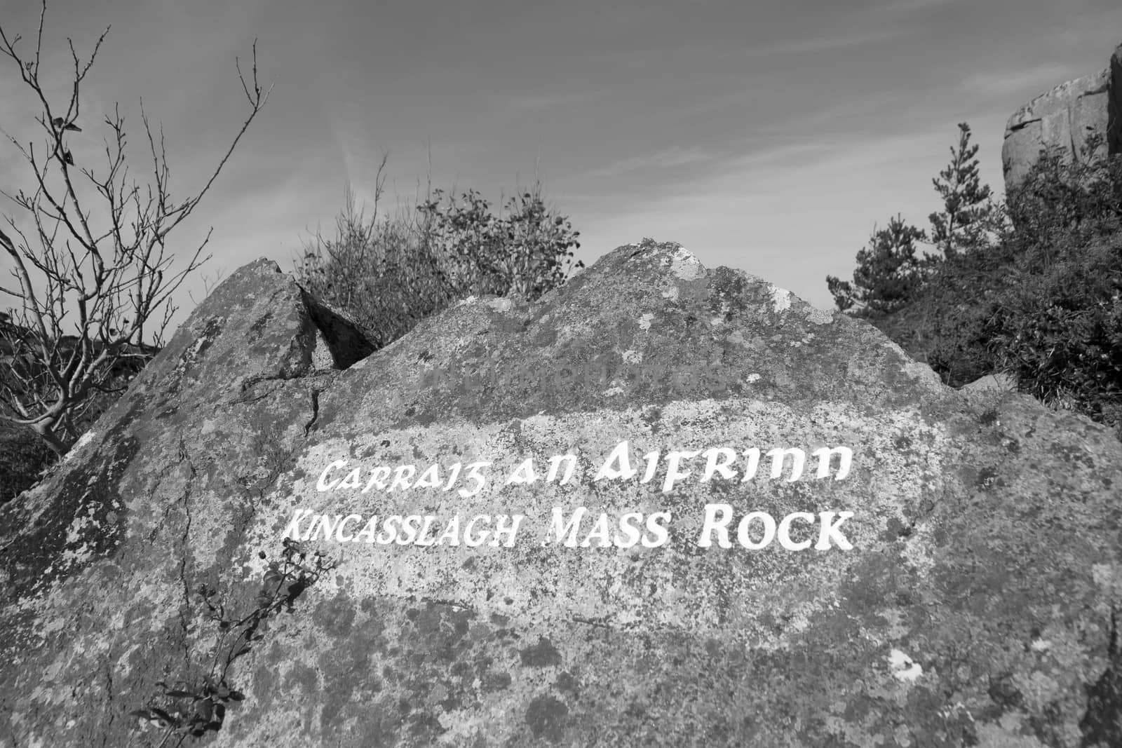 black and white old rustic stone mass rock in county Donegal Ireland