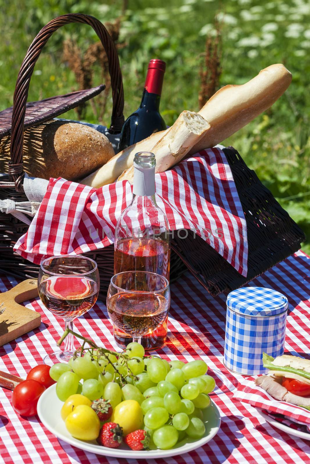 Picnic table with wine