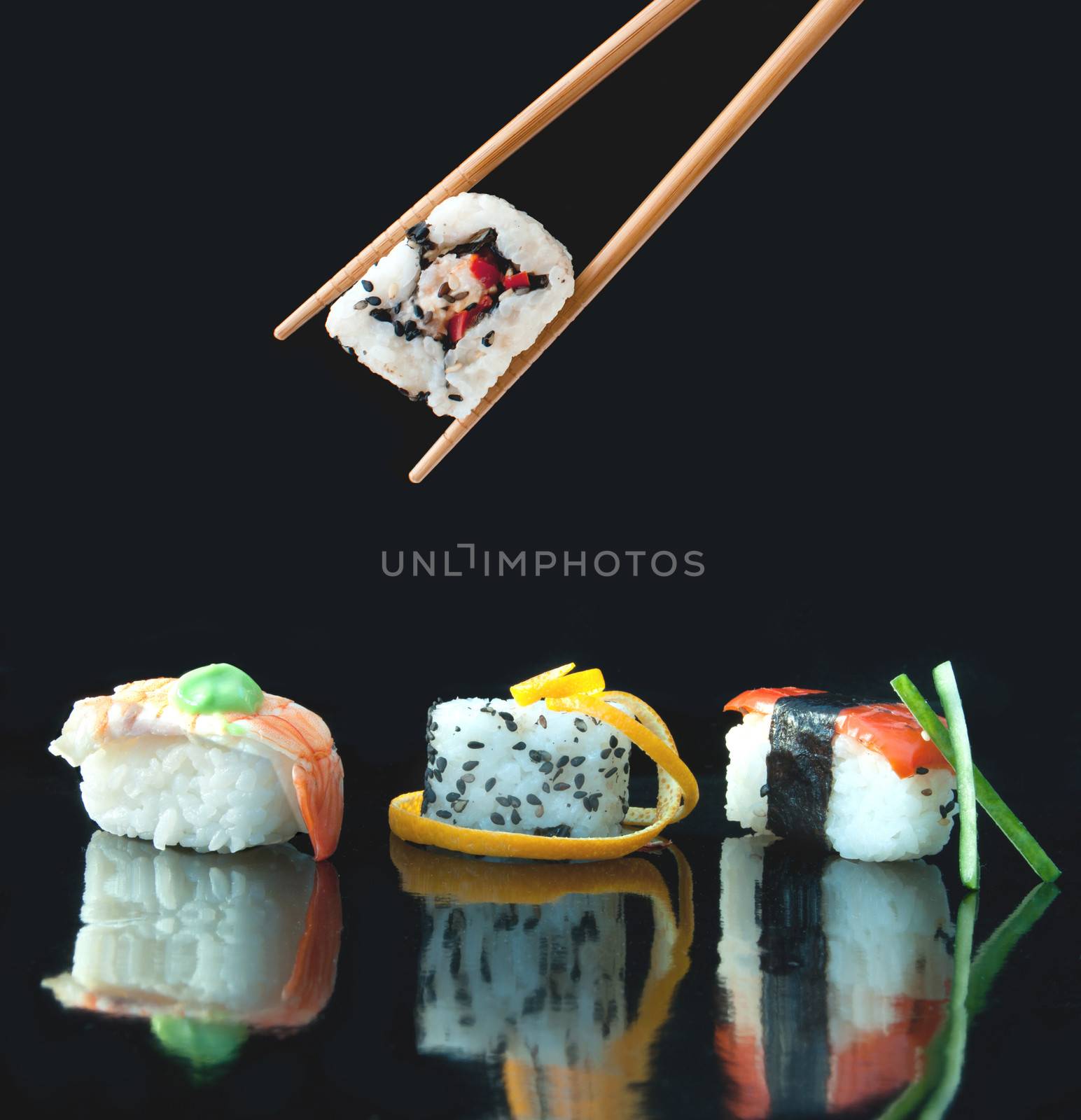 Closeup of fish and vegetable sushi snacks 