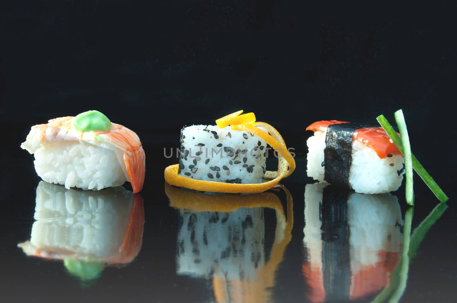Closeup of fish and vegetable sushi snacks 