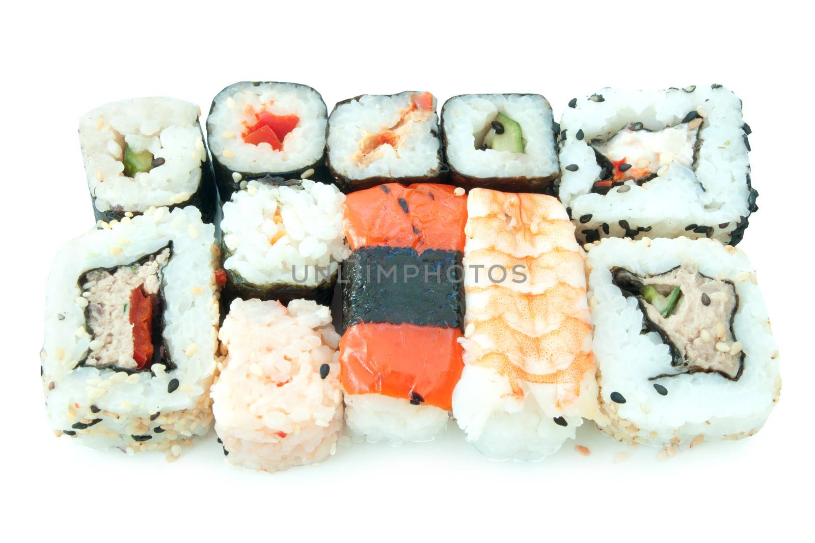 Closeup of fish and vegetable sushi snacks over a white background
