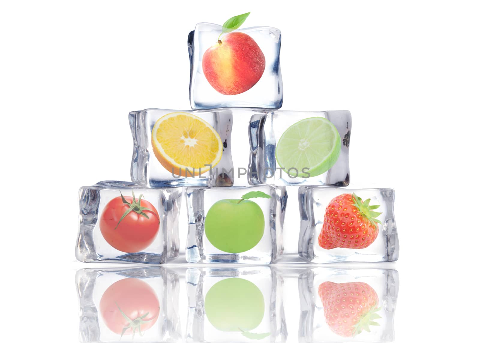 Fresh fruit frozen inside ice cubes over a white background 