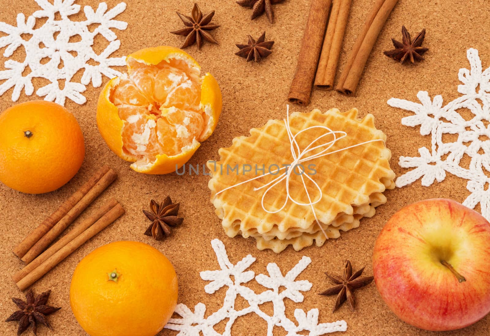 Aromatic and tasty, Christmas spices, fruits and waffles.