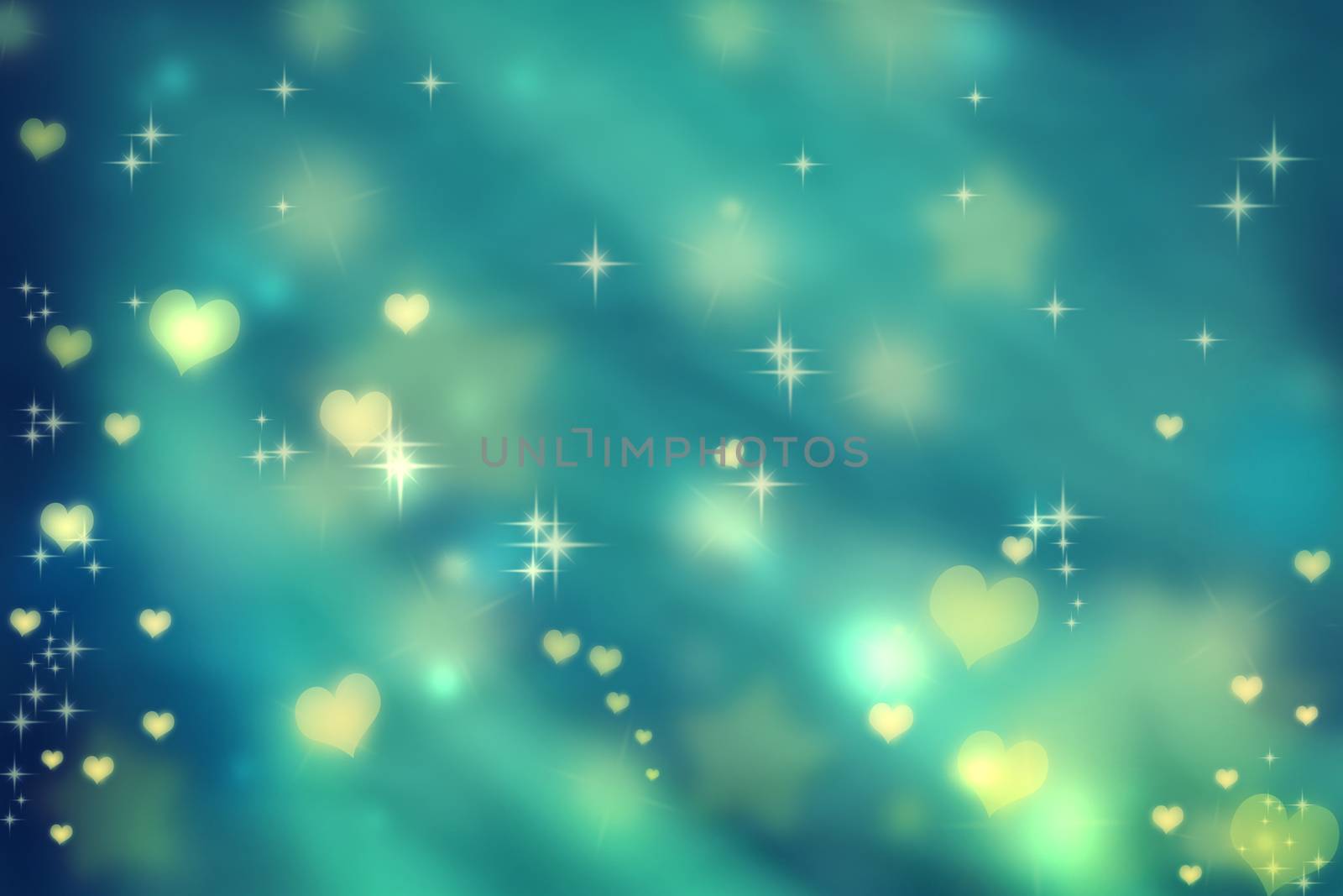 Golden small hearts on teal background with stars