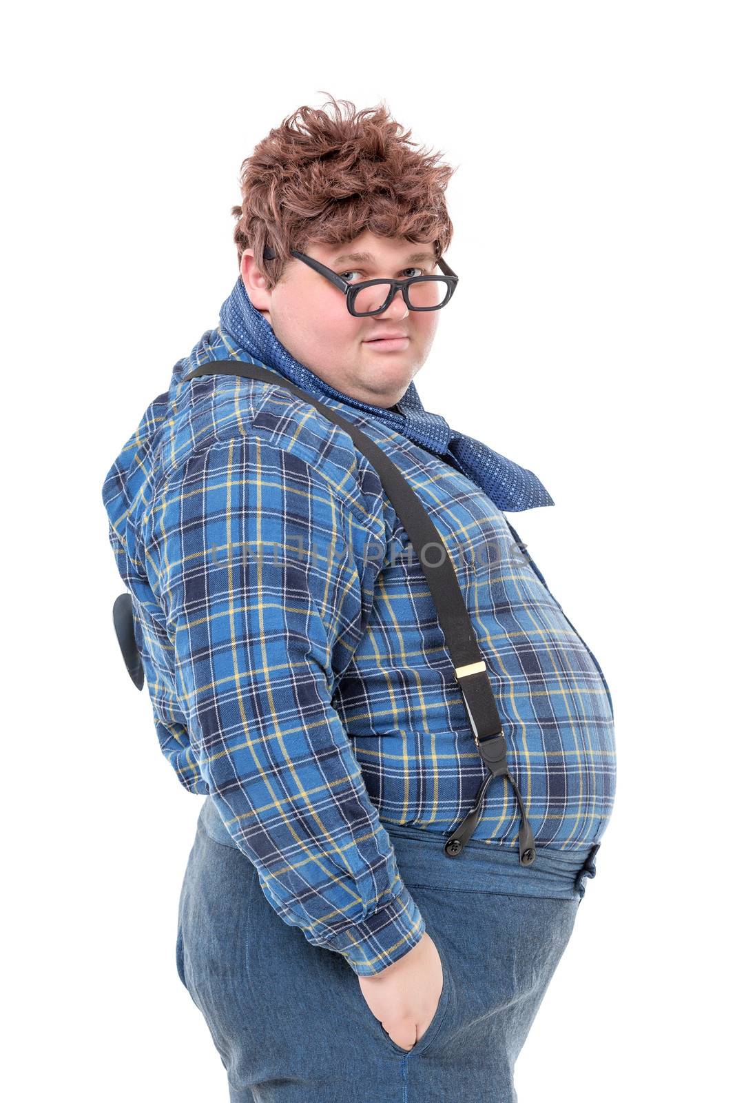 Overweight obese country yokel, on white background