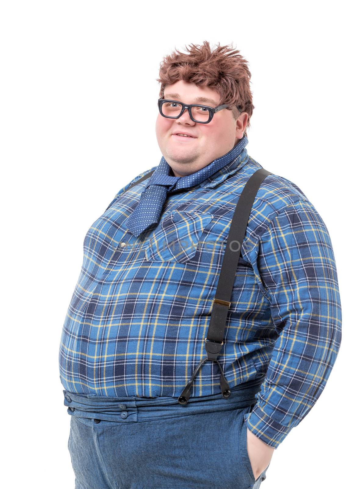 Overweight obese country yokel, on white background