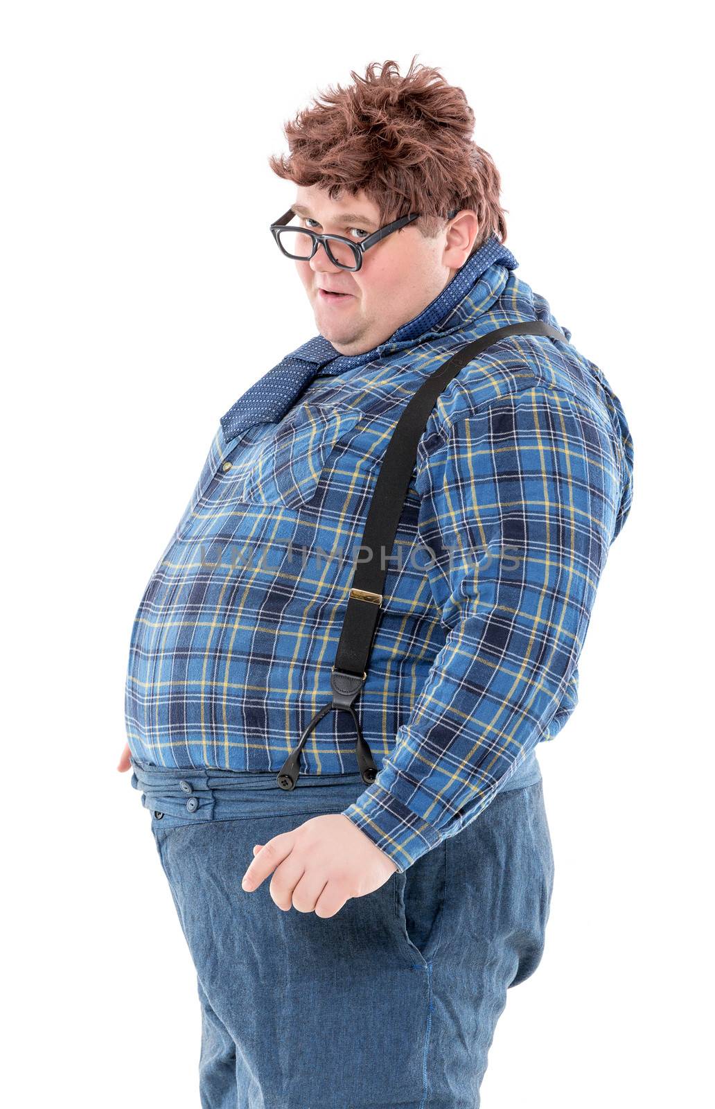 Overweight obese country yokel, on white background