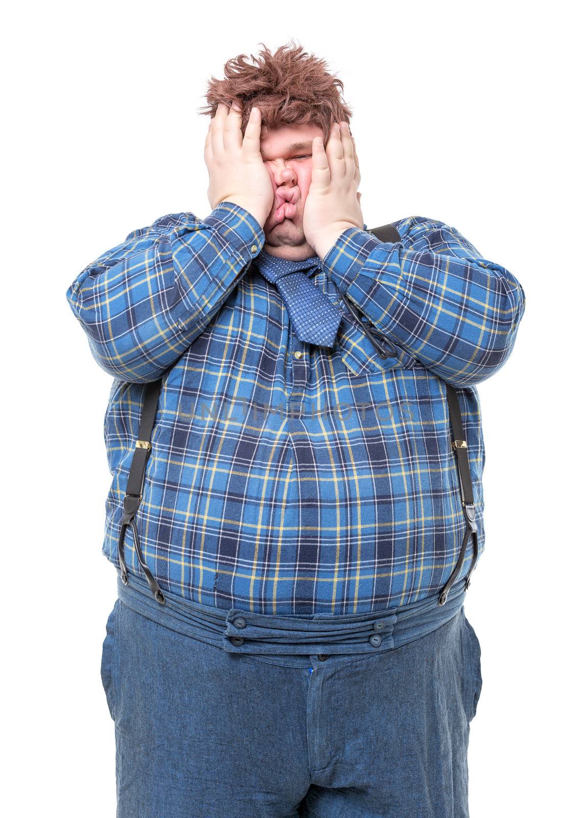 Overweight obese country yokel squashing his face, on white background
