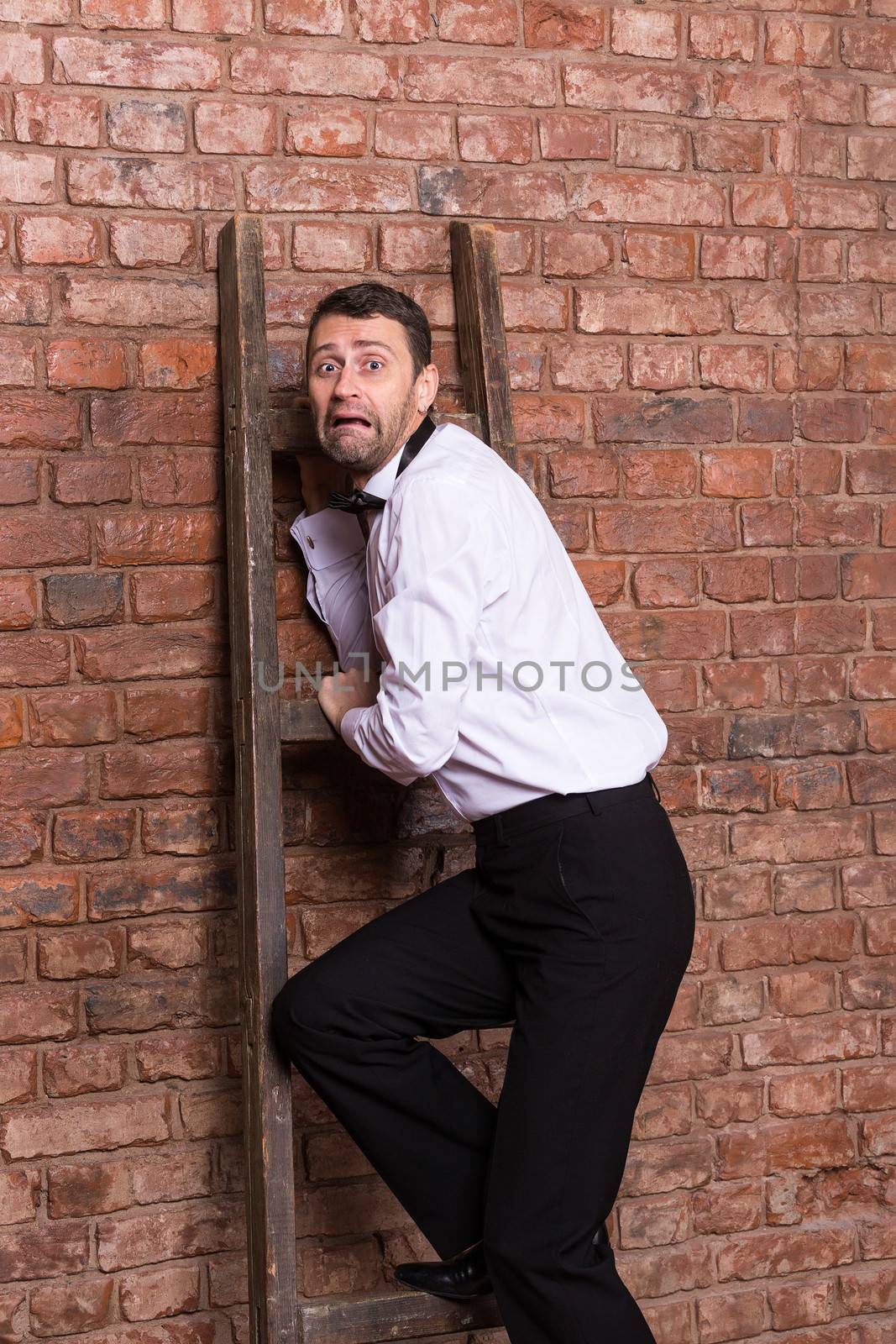 Terrified man trapped at the top of a ladder by Discovod