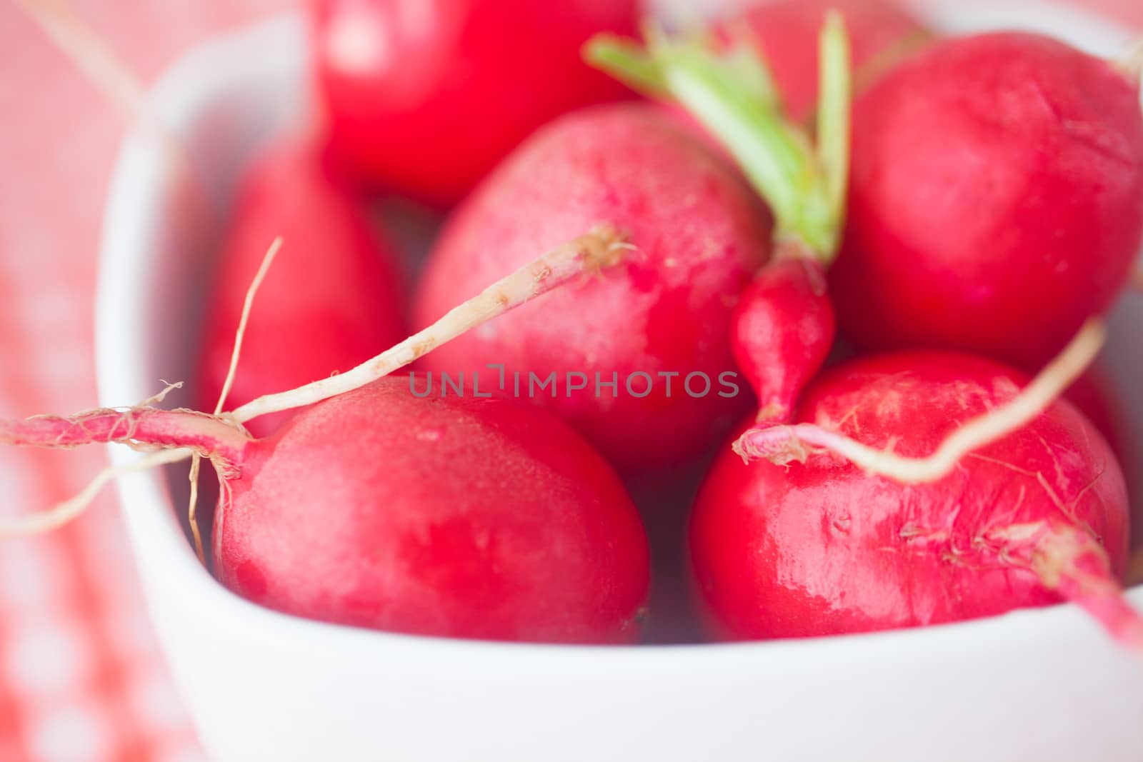 radish in bowl on checkered fabric by jannyjus