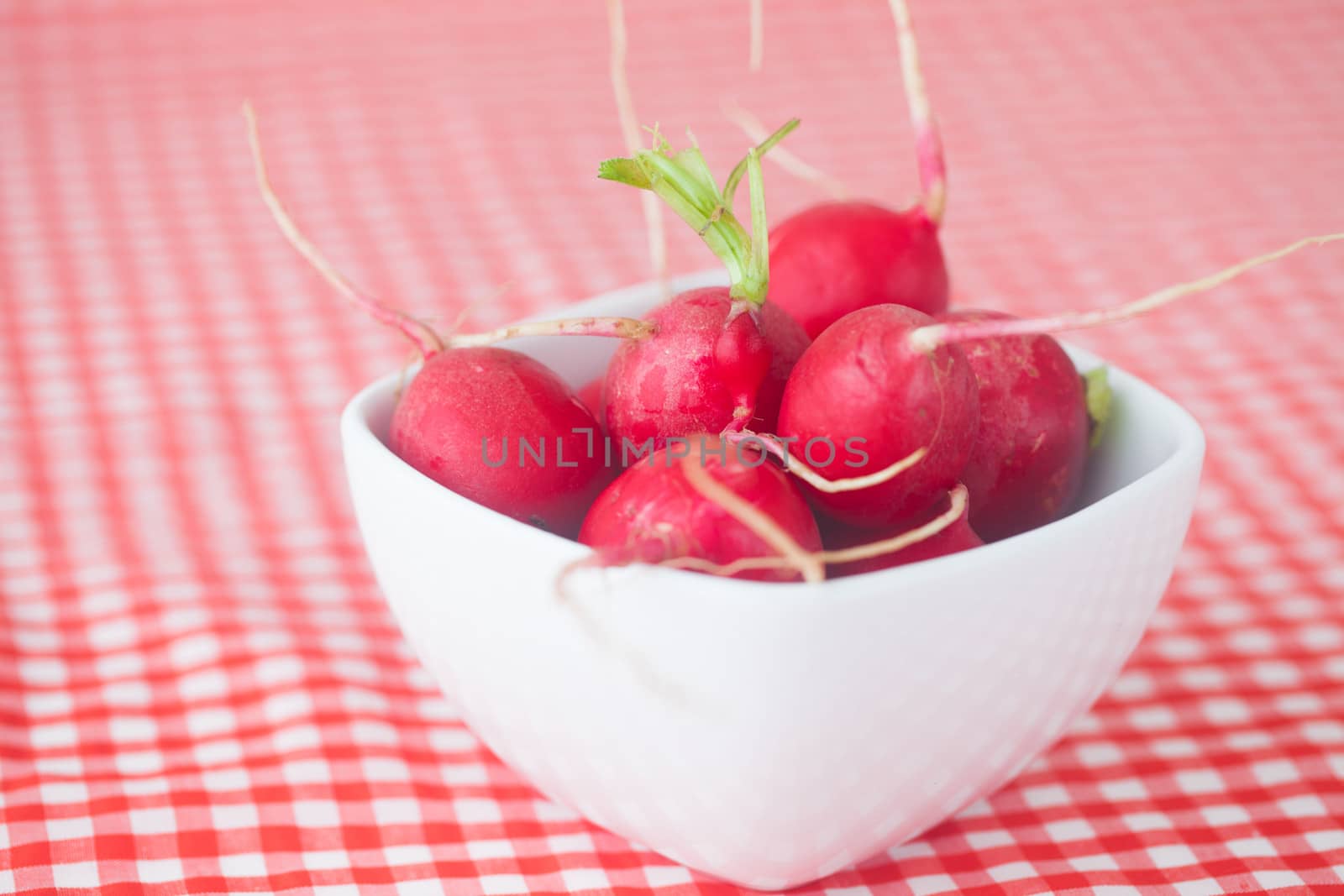 radish in bowl on checkered fabric