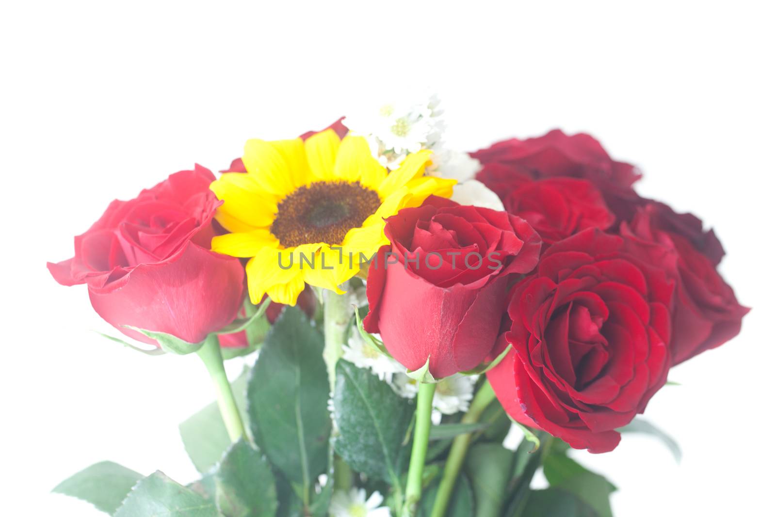 bouquet of red roses and sunflower in a vase  by jannyjus