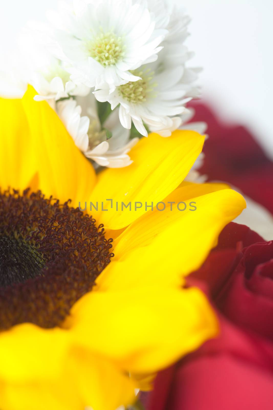 bouquet of red roses and sunflower in a vase 