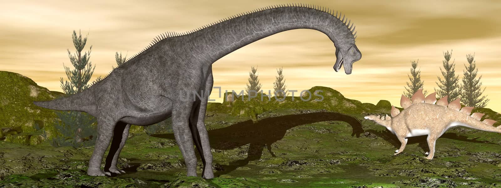 Brachiosaurus and stegosaurus dinosaurs- 3D render by Elenaphotos21