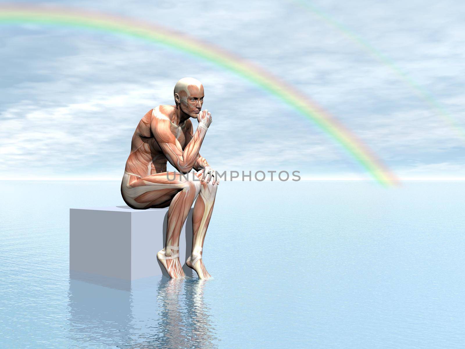 Realistic view of man muscles sitting on a cube upon water and under rainbow by beautiful day