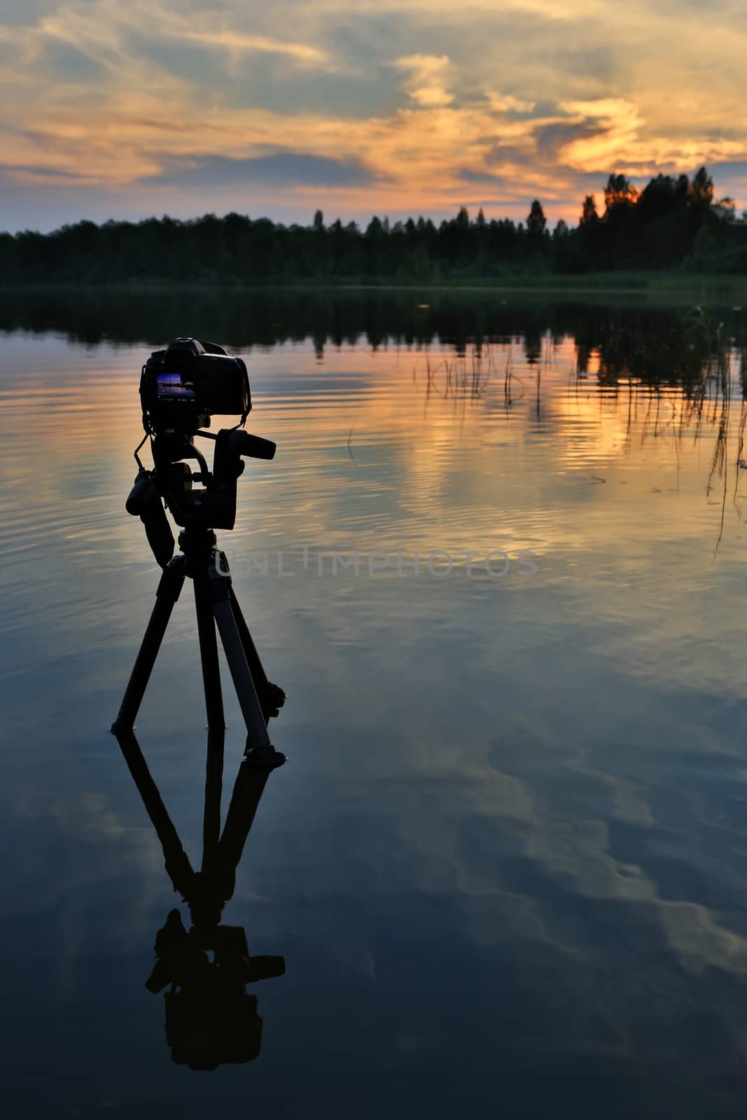 Camera on a tripod standing in the lake. Sunset on the lake. lake Moiseevskoe, Valdaysky district, Novgorod region, Russia
