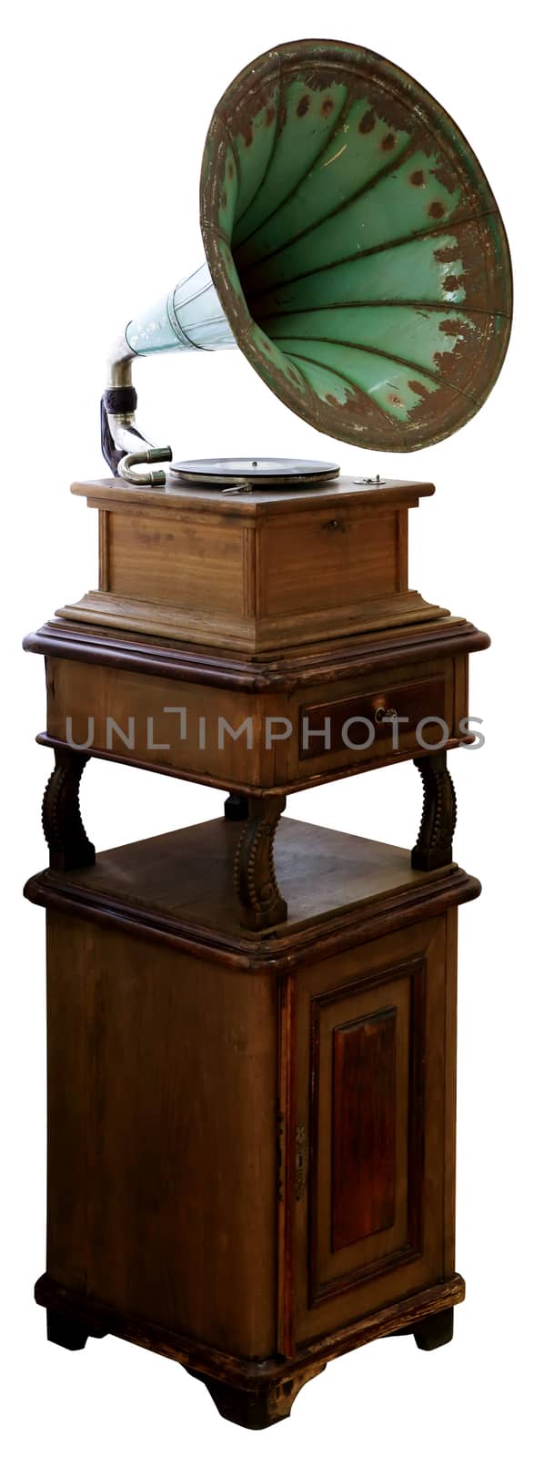 Old gramophone isolated on white background.