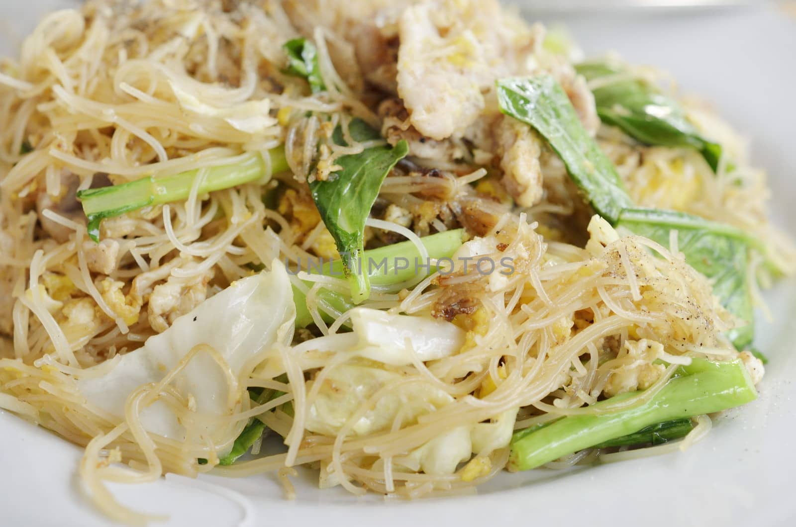 Stir Fried Rice Noodle with egg, pork and vegetable, Thai food