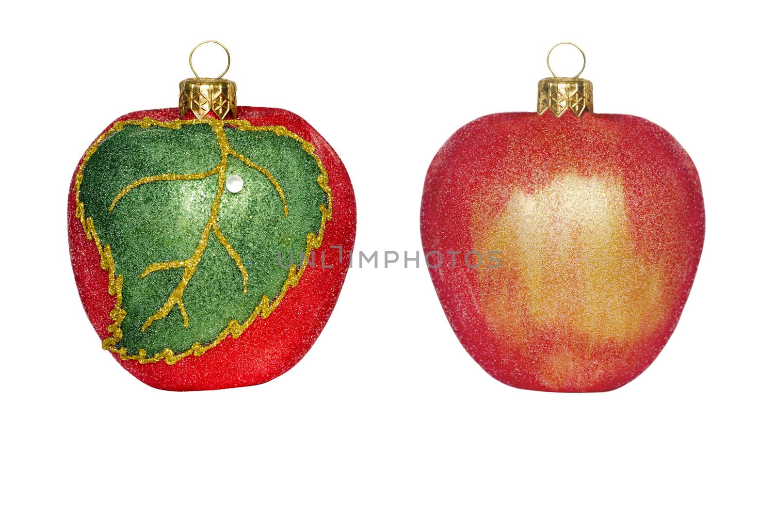 
2 Christmas decorations in the form of fruit, isolated on white background