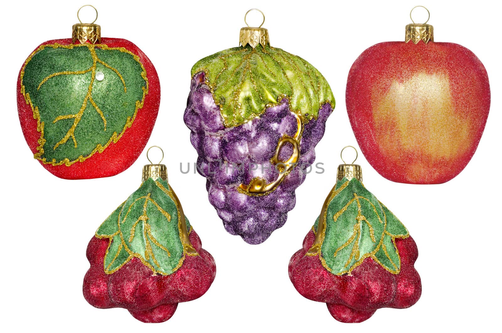  
5 Christmas decorations in the form of fruit, isolated on white background