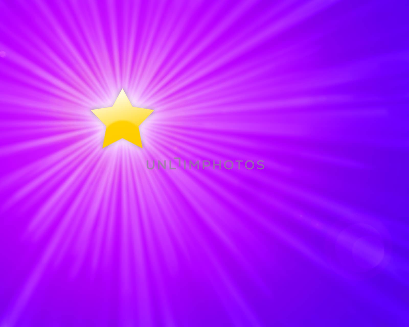 Yellow shining star with light rays on a purple pink gradient background