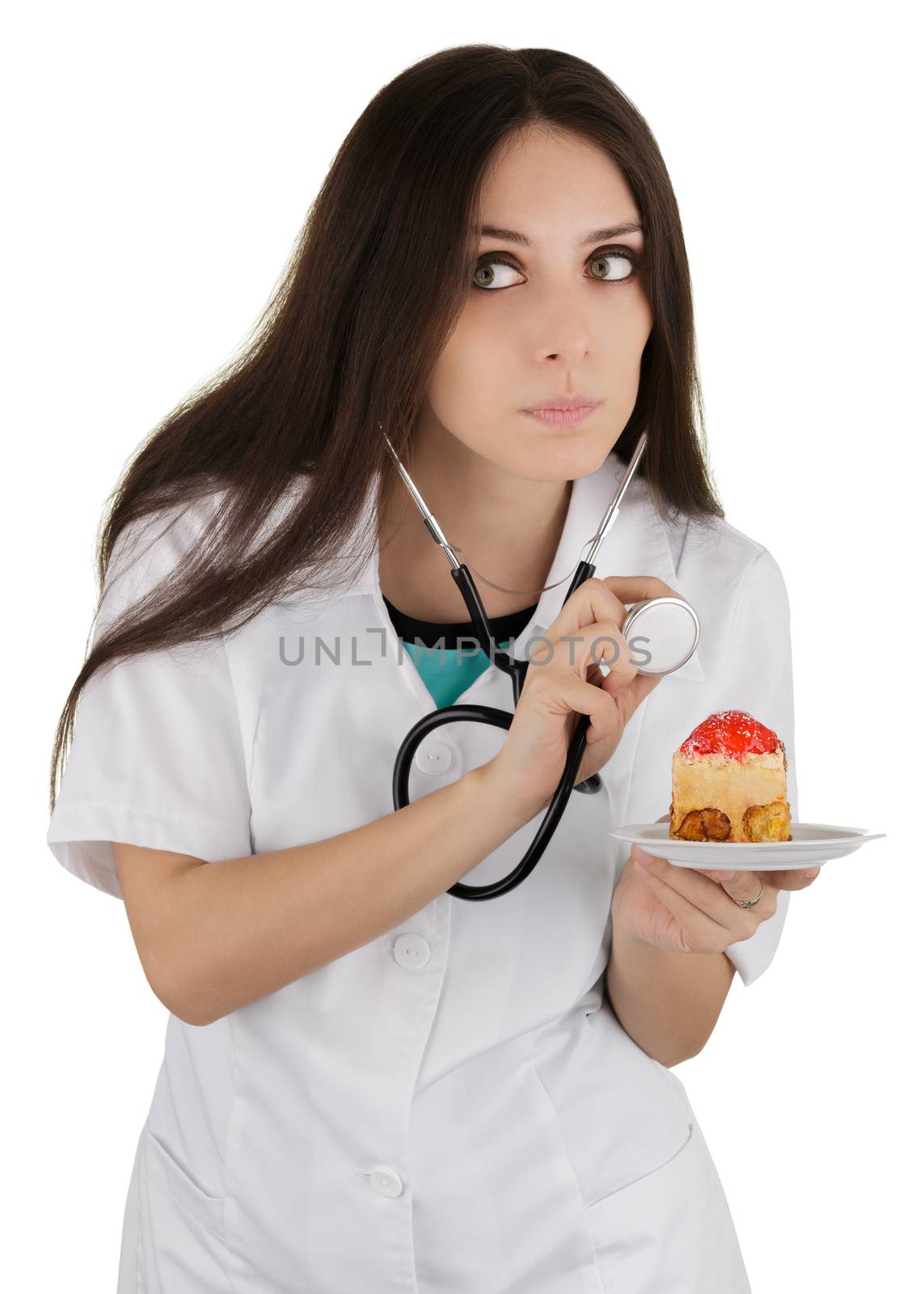 Woman nutritionist checking how healthy a piece of cake is, isolated on white background.