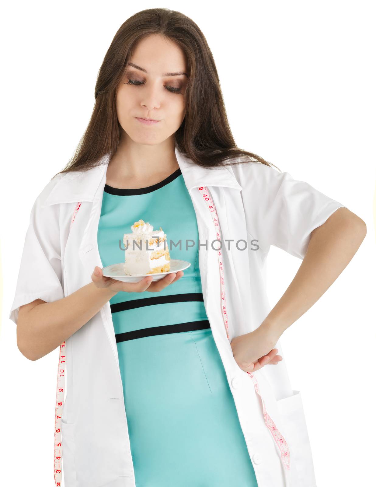 Woman nutritionist saying “no” to cake, isolated on white background.