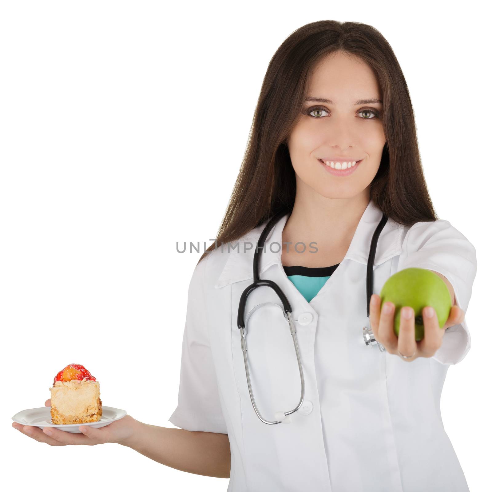 Woman nutritionist comparing dietary options, isolated on white background.