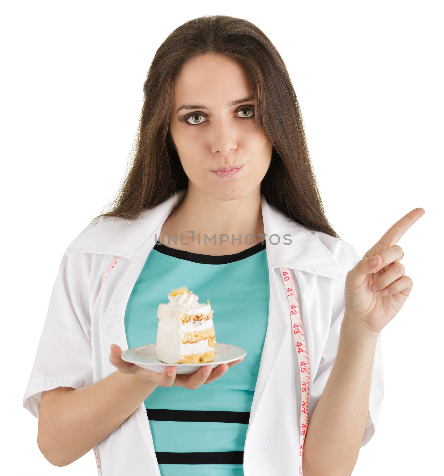 Woman nutritionist saying “no” to cake, isolated on white background.