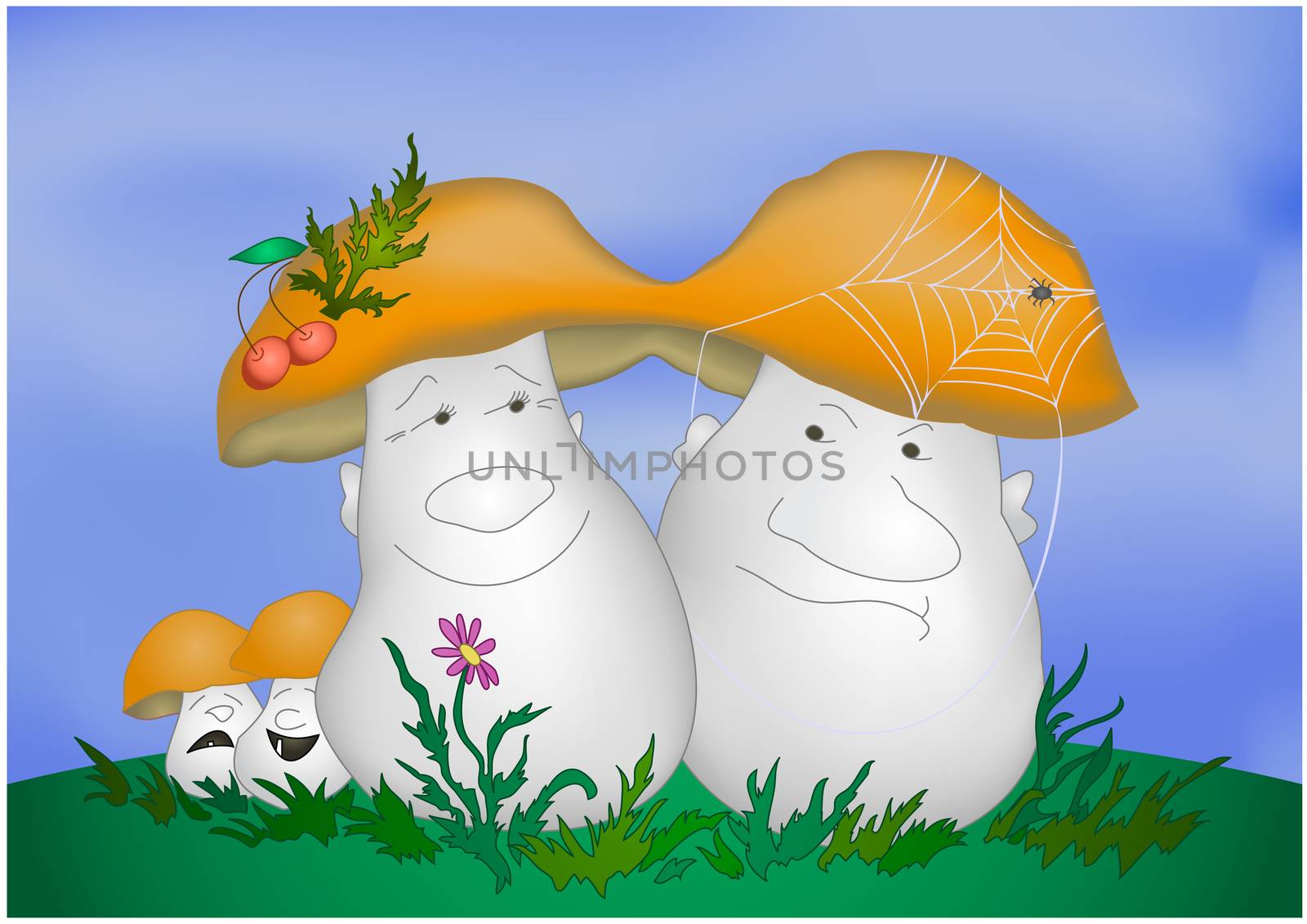 Family of cartoon mushrooms ceps on a flower meadow.