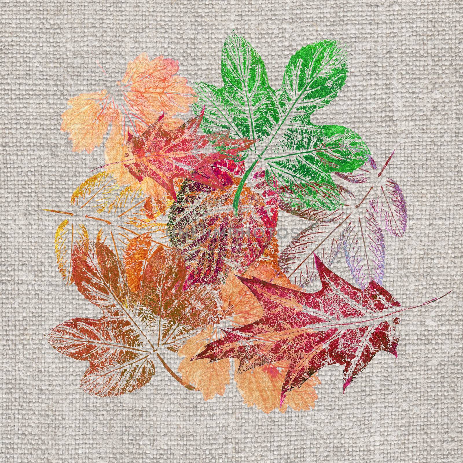 Artistic background, painting, hand draw, various colored leaves on a linen canvas