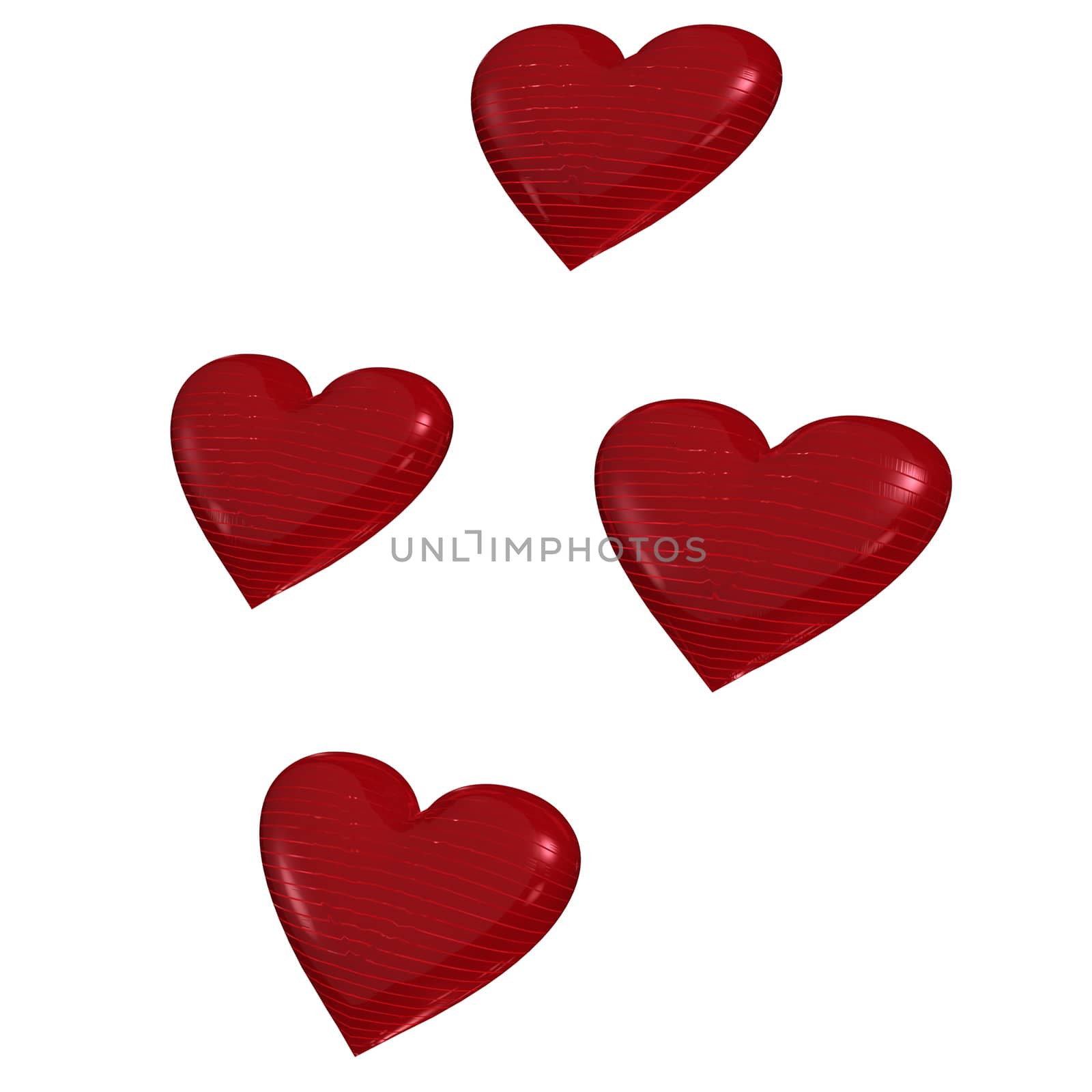 Red valentine hearts isolated on white. 3D render.