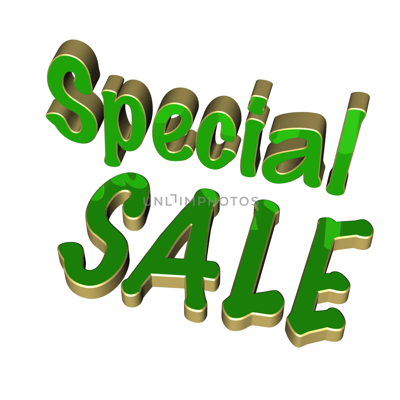 Glossy green three dimensional inscription special sale on white.