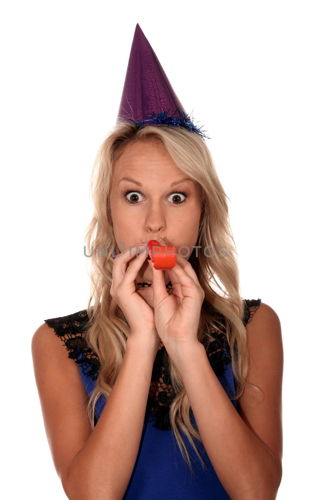 Lovely blonde part girl with hat and toy whistle