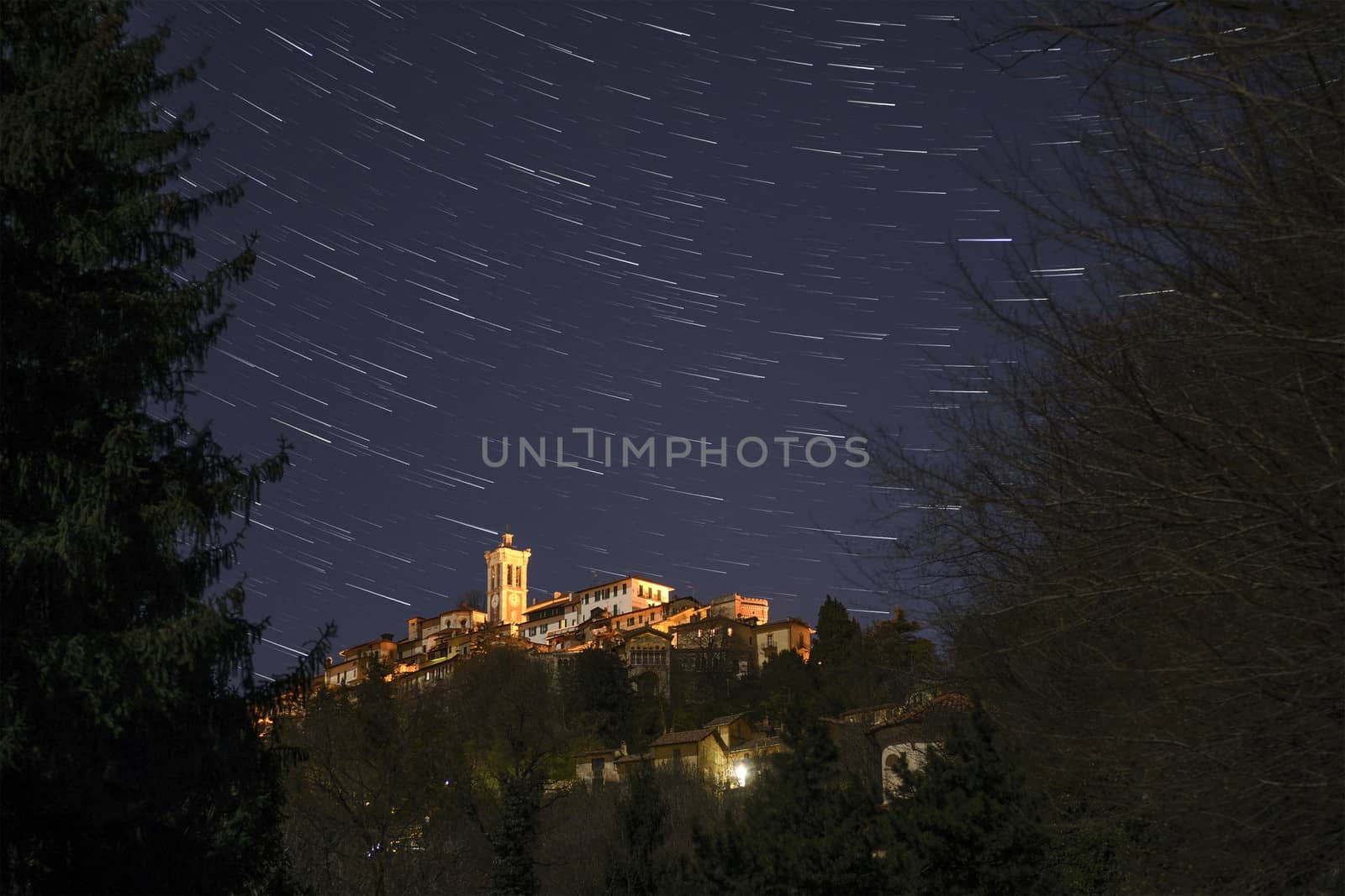 Sacred Mount of Varese and star trails, night view