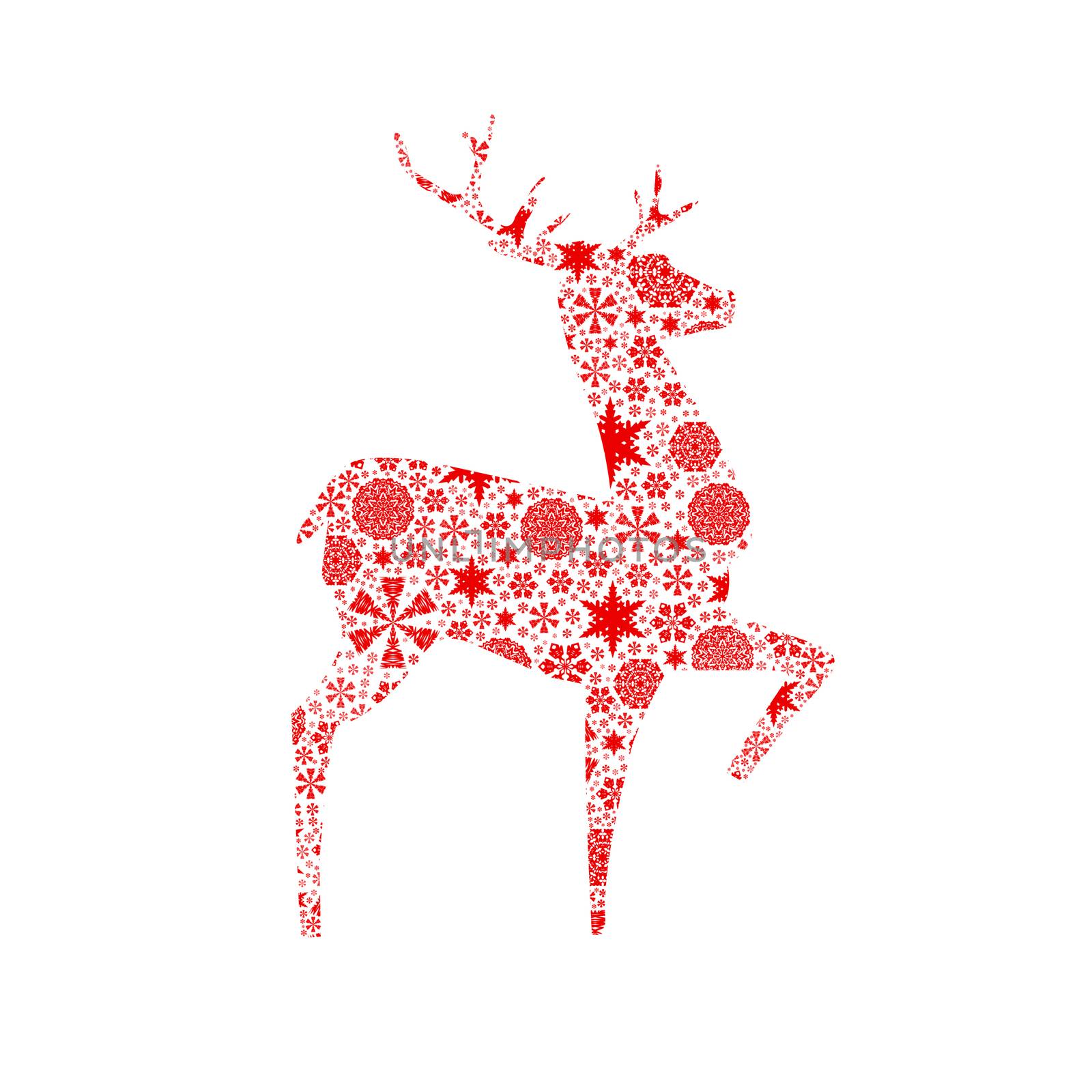 Silhouette deer. Christmas card. Silhouette filled with small snowflakes