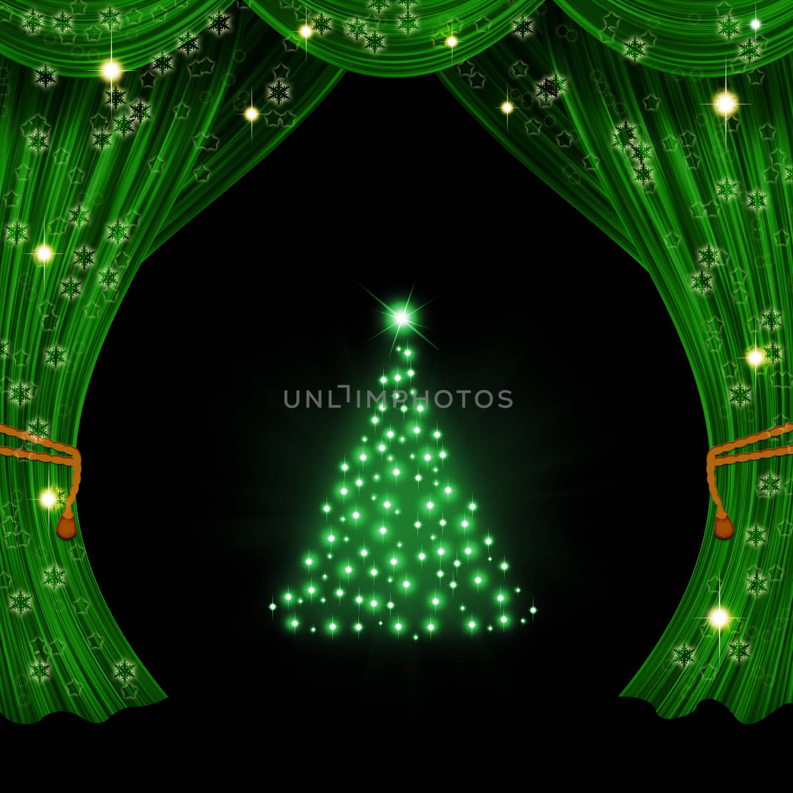 Christmas open curtain. Green fabric, stars, snowflakes and tree