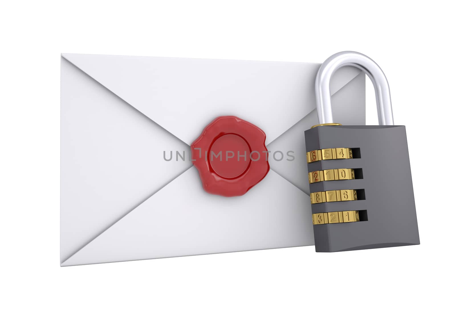 Combination lock and white envelope. Isolated render on a white background